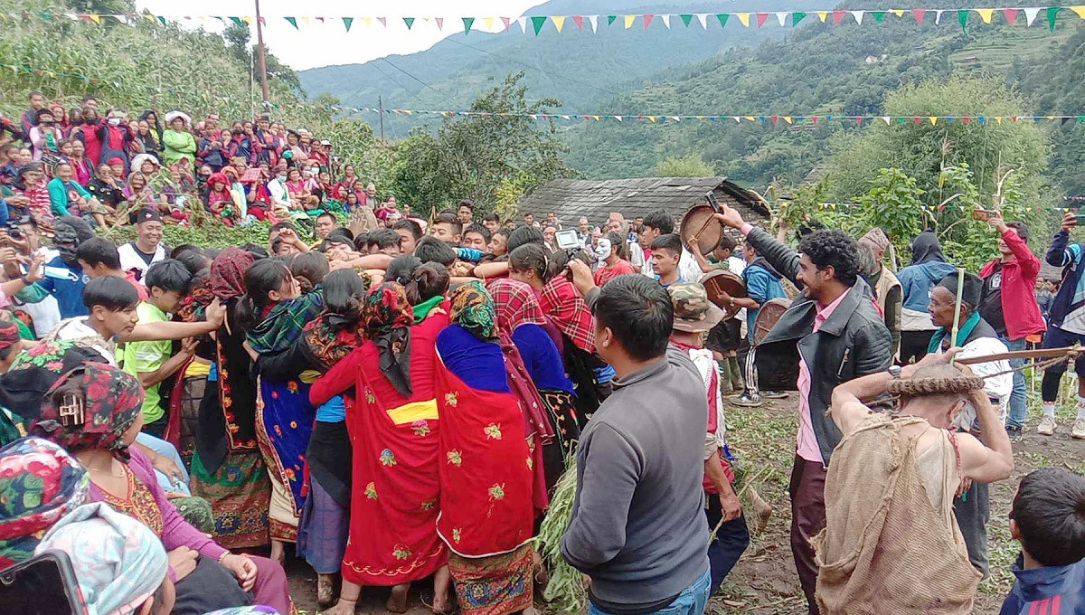 सिस्नो खोस्ने पर्वमा युवायुवतीले सिस्नो खोसाखोस गरे